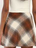 High-waisted plaid A-line skirt with elastic zipper