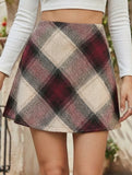 High-waisted plaid A-line skirt with elastic zipper