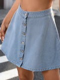 Washed Denim Button A Line Mini Skirt_CWBSS00255