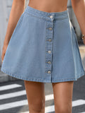 Washed Denim Button A Line Mini Skirt_CWBSS00255