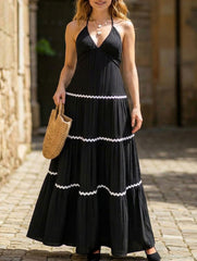 Color Block Halter V Neck Tiered Dress
