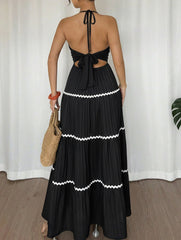Color Block Halter V Neck Tiered Dress
