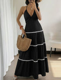 Color Block Halter V Neck Tiered Dress