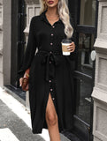 Long-sleeved solid color shirt collar dress