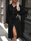 Long-sleeved solid color shirt collar dress