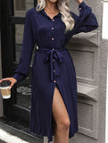 Long-sleeved solid color shirt collar dress