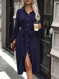 Long-sleeved solid color shirt collar dress