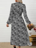 Printed elegant V-neck long-sleeved dress
