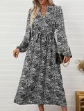 Printed elegant V-neck long-sleeved dress