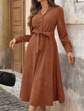 Brown corduroy V-neck dress