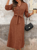 Brown corduroy V-neck dress