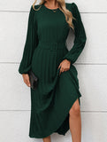 Fold-pleated round-neck high-waist long dress