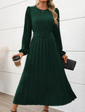 Fold-pleated round-neck high-waist long dress