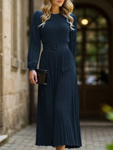 Fold-pleated round-neck high-waist long dress