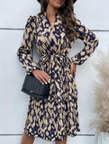 Pleated printed long-sleeved dress