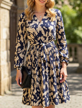Pleated printed long-sleeved dress