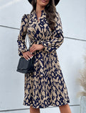 Pleated printed long-sleeved dress