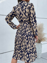 Pleated printed long-sleeved dress