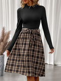 Elegant plaid long dress with stand-up collar
