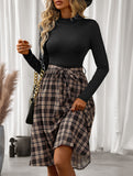 Elegant plaid long dress with stand-up collar