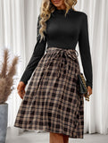 Elegant plaid long dress with stand-up collar