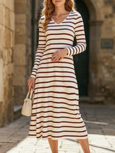 Long-sleeved striped print V-neck pullover dress