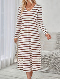 Long-sleeved striped print V-neck pullover dress