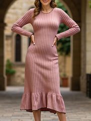 Ruffle hem solid color long sleeve dress