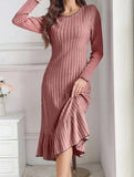 Ruffle hem solid color long sleeve dress