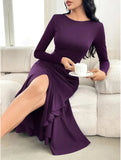 Solid color long sleeve round neck women dress