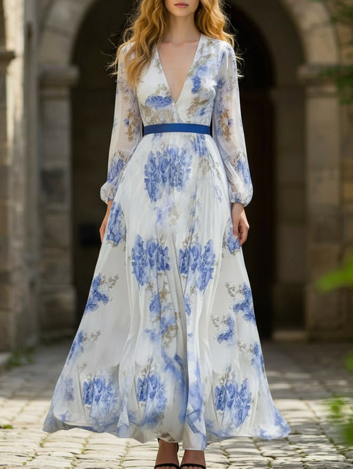 V-neck printed long dress