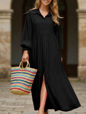 Button-Down Lapel Pleated Long-Sleeve Maxi Dress