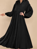 Button-Down Lapel Pleated Long-Sleeve Maxi Dress