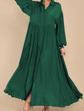 Button-Down Lapel Pleated Long-Sleeve Maxi Dress
