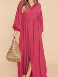 Button-Down Lapel Pleated Long-Sleeve Maxi Dress