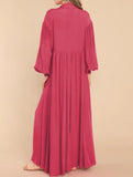 Button-Down Lapel Pleated Long-Sleeve Maxi Dress