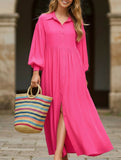 Button-Down Lapel Pleated Long-Sleeve Maxi Dress