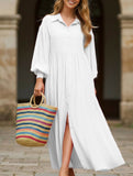 Button-Down Lapel Pleated Long-Sleeve Maxi Dress