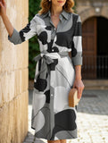 GEOMETRIC PRINT SLIT CASUAL BUTTON DRESS