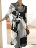 GEOMETRIC PRINT SLIT CASUAL BUTTON DRESS