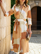 GEOMETRIC PRINT SLIT CASUAL BUTTON DRESS