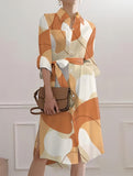 GEOMETRIC PRINT SLIT CASUAL BUTTON DRESS