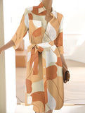 GEOMETRIC PRINT SLIT CASUAL BUTTON DRESS