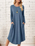 Midi-length round neck long-sleeved dress