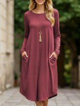 Midi-length round neck long-sleeved dress