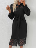 Lace Panel Shirt Midi Dress
