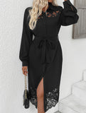 Lace Panel Shirt Midi Dress
