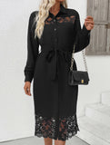 Lace Panel Shirt Midi Dress