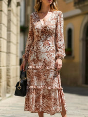 Long-sleeved V-neck slit printed dress