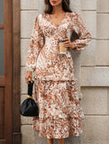 Long-sleeved V-neck slit printed dress